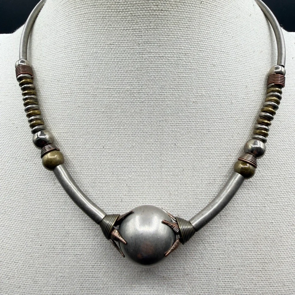 Mixed Metal Orb Collar Necklace Silver Copper & Brass Tone Statement Artisan